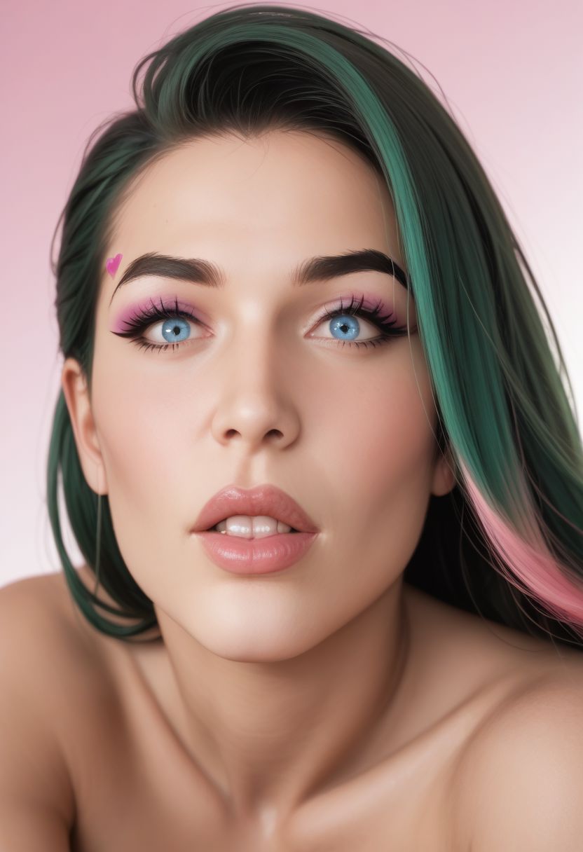score_9, score_8_up, score_7_up, score_6_up, realistic, photograph , rating_questionable, 1girl, solo, [mature woman, (petite:1.25), ((evil look)), ((dark green hair:1.3)((pink streaks in hair:1.3))), (pink gradient hair:1.3), beautiful (blue eyes:1.2), (dynamic hairstyle:1.3), high prominent cheekbones, sharp jawline, an oval face with wide pouty lips, (bold eyebrows:1.2), (beautiful eyes), (dark eyeshadow), (expressive eyes), tattoos, black tattoos, huge breasts, massive tits, (left eyebrow piercing), slender body, small waist, seductive hips, thighs, round ass, perfect heart-shaped ass, (detailed face:1.2)], portrait, close-up, (focus on face), wearing silk white shirt, gray blazer, black pencil skirt, black thighhighs, stiletto high-heels, jewelry, dynamic angle, dynamic view, from the side, view from below, model looking down, (shock:1.6), (awe:1.6), (naughty pose:1.25), sexy, erotic, explicit, alluring, confident, (aroused:1.5), seductive, goddess, dark background, gradient background,  (a ~fuck my tits~ attitude)