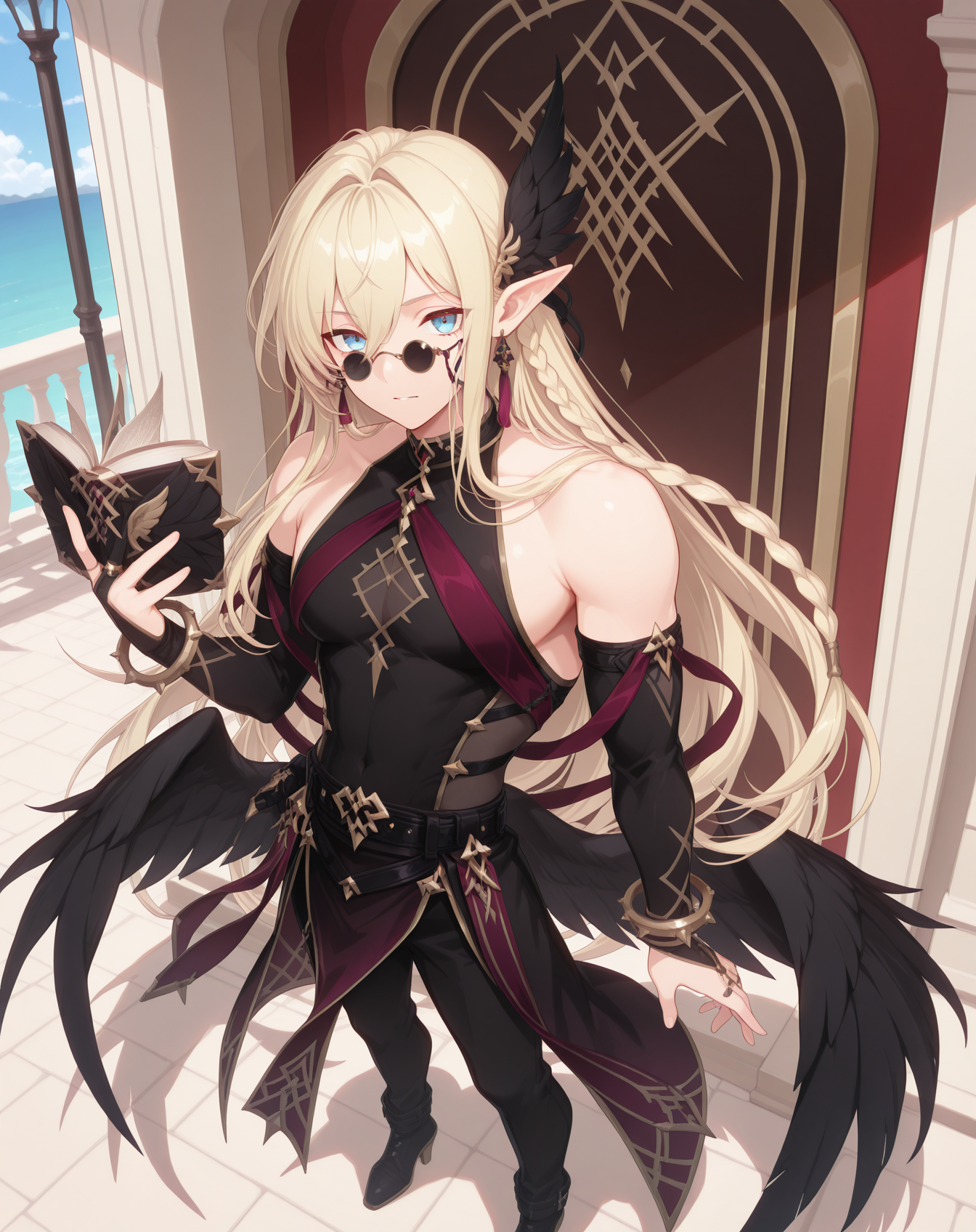 masterpiece, amazing quality, best quality, absurdres, very aesthetic,
1boy, solo, yaoi, male focus, full body, from above, standing, looking at viewer, face focus,
<lora:Grandiel_Forbbiden_Tome:1>   grandielfb, pointy ears, blonde hair, hair between eyes, blue eyes, long bangs, sunglasses,double-parted bangs, official alternate costume, side braid,
black feathers, black wings, feathered wings, open book, tassel, pelvic curtain, sleeveless shirt, black shirt, waist cape, pince-nez, black sash, black belt,eyewear strap, gold trim, detached sleeves, red sash, purple sash, black robe,long sleeves, black sleeves, head wings, bridal gauntlets, bare shoulders, shoulder sash, white wings, black cape, feather trim, low wings, high heels, multiple wings, shoes, boots, black pants, black footwear,
chain, multiple rings, ring, bracelet, monocle, feather hair ornament, wing hair ornament, jewelry, earrings,
floating book, floating object, holding book, 
outdoors, day, blue sky,