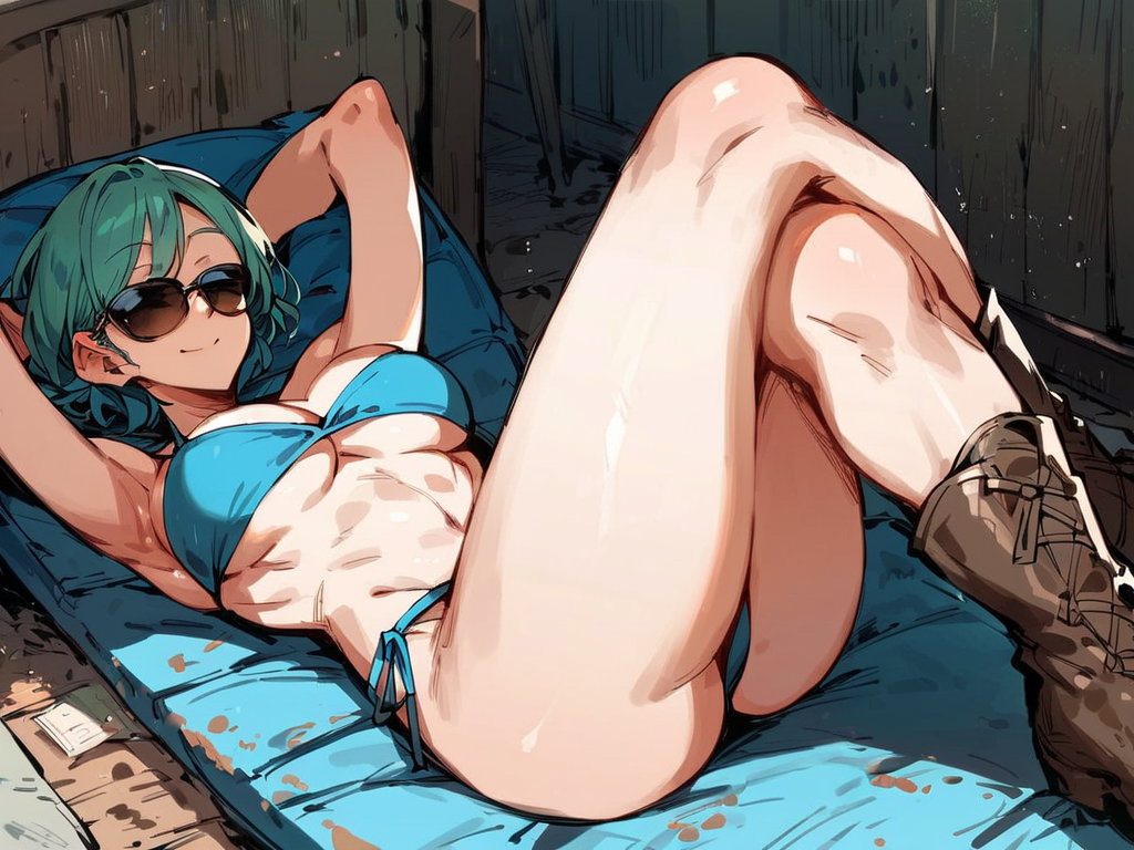 score_9,score_8_up,score_7_up,score_6_up,source_anime,rating_questionable,1girl,smile,bikini,long green hair,lying,sleeping,on back,(sunglasses:1.2),hands under head,beach chair,crossed legs,wooden wall,<lora:trenchwarfarepony:0.9>,trench warfare,muddy,boots,