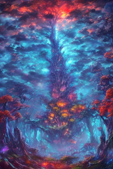 impressionism oil painting,
fantasy forest,
an expansive ancient forest, featuring towering oaks, diverse wildlife, a variety of flora, and a feeling of grandeur,
glowwave,
dawn,
thunderstorm, and many small clouds, and slightly cloudy, glowing in the darkness of the abyss,