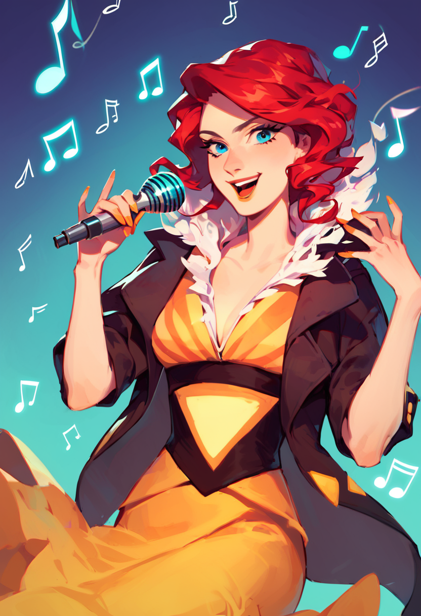 score_9, score_8_up, score_7_up, best quality, highres, Red, transistor, singing, stage microphone, blue eyes, music notes, 1girl, dress, jacket, extended hand, perfecteyes, simple background, looking at viewer, dark ambience, <lora:Red_Transistor:1>, <lora:PerfectEyesXL:0.8>