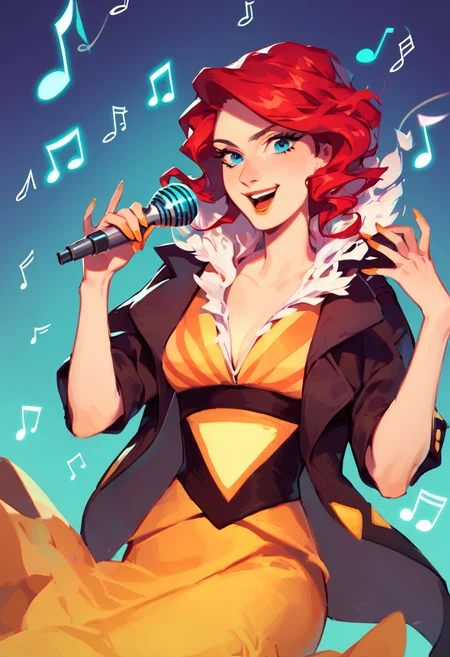 score_9, score_8_up, score_7_up, best quality, highres, Red, transistor, singing, stage microphone, blue eyes, music notes, 1girl, dress, jacket, extended hand, perfecteyes, simple background, looking at viewer, dark ambience, <lora:Red_Transistor:1>, <lora:PerfectEyesXL:0.8>