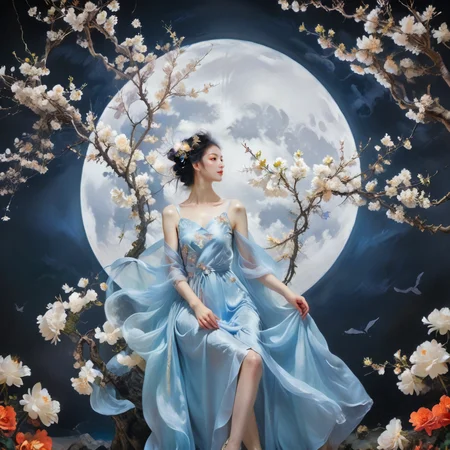 <lora:add-detail-xl:1.0>, 1girl, moon, solo, flower, full moon, dress, hair ornament, branch, black hair, jewelry <lora:LangV1:0.7>, <lora:RuanV1:0.6>,