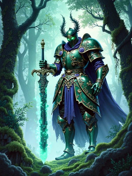 famous artwork, masterwork fantasy digital painting, 8k, 4k, dark enchanted forest, a towering armored knight stands in the foreground, facing forward with a commanding presence, his muscular physique emphasized by the heavy, ornate armor, the knights plate armor is a dark, rich green with intricate black and purple accents, decorated with motifs of vines, leaves, blossoms and elaborate flourishes, seamlessly blending with the forest around him, the helmet features curling, menacing horns and eerie glowing green eyes, enhancing his supernatural and ancient aura, he grips a massive long sword in his right hand, the blade glowing with an intense, ethereal blue light, while a large shield matching his armor's organic design rests on his left arm, both long sword and shield detailed with intricate engravings and naturalistic motifs, giving them an ancient, mystical appearance, the background is a misty, dense forest of tall, gnarled trees wrapped in thick moss and hanging vines, the forest floor is uneven and shadowed, scattered with twisted roots and patches of faintly glowing undergrowth, the fog weaves through the trees, adding depth and a dreamlike, eerie atmosphere, the camera angle is slightly low, looking up at the green knight, emphasizing his size, dominance, and the grandeur of the surrounding mystical forest, the wide framing captures both the towering trees and the full figure of the knight, drawing the eye upward toward his glowing long sword, the lighting is soft and diffused with a bluish-green tint, atmospheric mist enhances the depth and separation between foreground and background, delicate shafts of cold light filter through the canopy, highlighting the metallic gleam of the armor and the magical glow of the long sword, deep shadows create strong contrast without overwhelming the image's rich texture, painted with ultra-high-definition digital illustration techniques, blending realistic texturing with stylized fantasy elements, smooth gradients, fine surface detailing, crisp silhouette, color grading emphasizes dark greens, muted purples, and luminous blues for an immersive, mysterious mood, ovg, studio ghibli dark fairytale, <lora:style-dark_ghibli-flux-by_arsmachina:0.56> <lora:flux_ultimate_at_home-hiresfix_lora-flux-by_42lux:0.36>