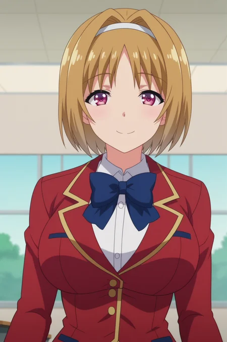 kikyo kushida,anime screencap,1girl,solo,mature,short hair,hairband,smile,brown hair,red jacket,bow,classroom,standing,smile, school uniform,bow large breasts, <lora:Kikyo Kushida - PDXL2.safetensors:0.8>