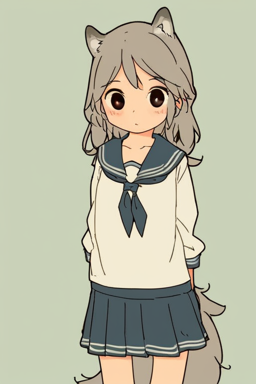 furry,by yagi the goat,human girl,Wolf ears,Wolf tail,Grey Tail,Grey ears,grey hair,Human skin,long hair,Short stature,Skinny body,solo,Short stature,Skinny body,score_9,score_8_up,score_7_up,(cute expression, cute face:1.1),simple background,looking at viewer,blush,early teen,flat chest,<lora:Yagi_the_Goat_ai:1>,sailor,skirt,sailor_dress,fox tail,