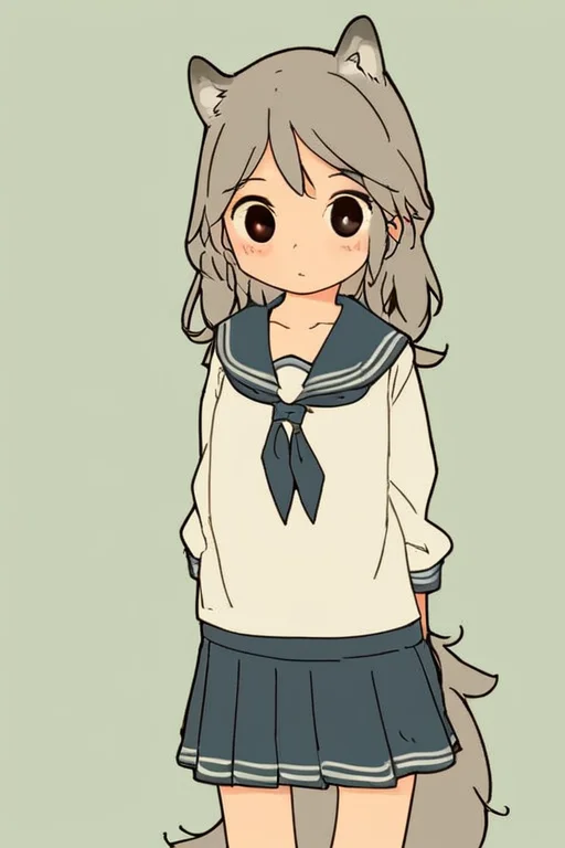 furry,by yagi the goat,human girl,Wolf ears,Wolf tail,Grey Tail,Grey ears,grey hair,Human skin,long hair,Short stature,Skinny body,solo,Short stature,Skinny body,score_9,score_8_up,score_7_up,(cute expression, cute face:1.1),simple background,looking at viewer,blush,early teen,flat chest,<lora:Yagi_the_Goat_ai:1>,sailor,skirt,sailor_dress,fox tail,