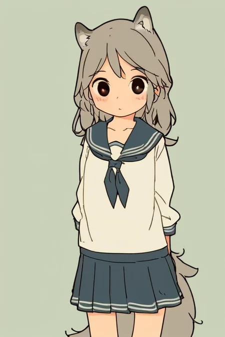 furry,by yagi the goat,human girl,Wolf ears,Wolf tail,Grey Tail,Grey ears,grey hair,Human skin,long hair,Short stature,Skinny body,solo,Short stature,Skinny body,score_9,score_8_up,score_7_up,(cute expression, cute face:1.1),simple background,looking at viewer,blush,early teen,flat chest,<lora:Yagi_the_Goat_ai:1>,sailor,skirt,sailor_dress,fox tail,