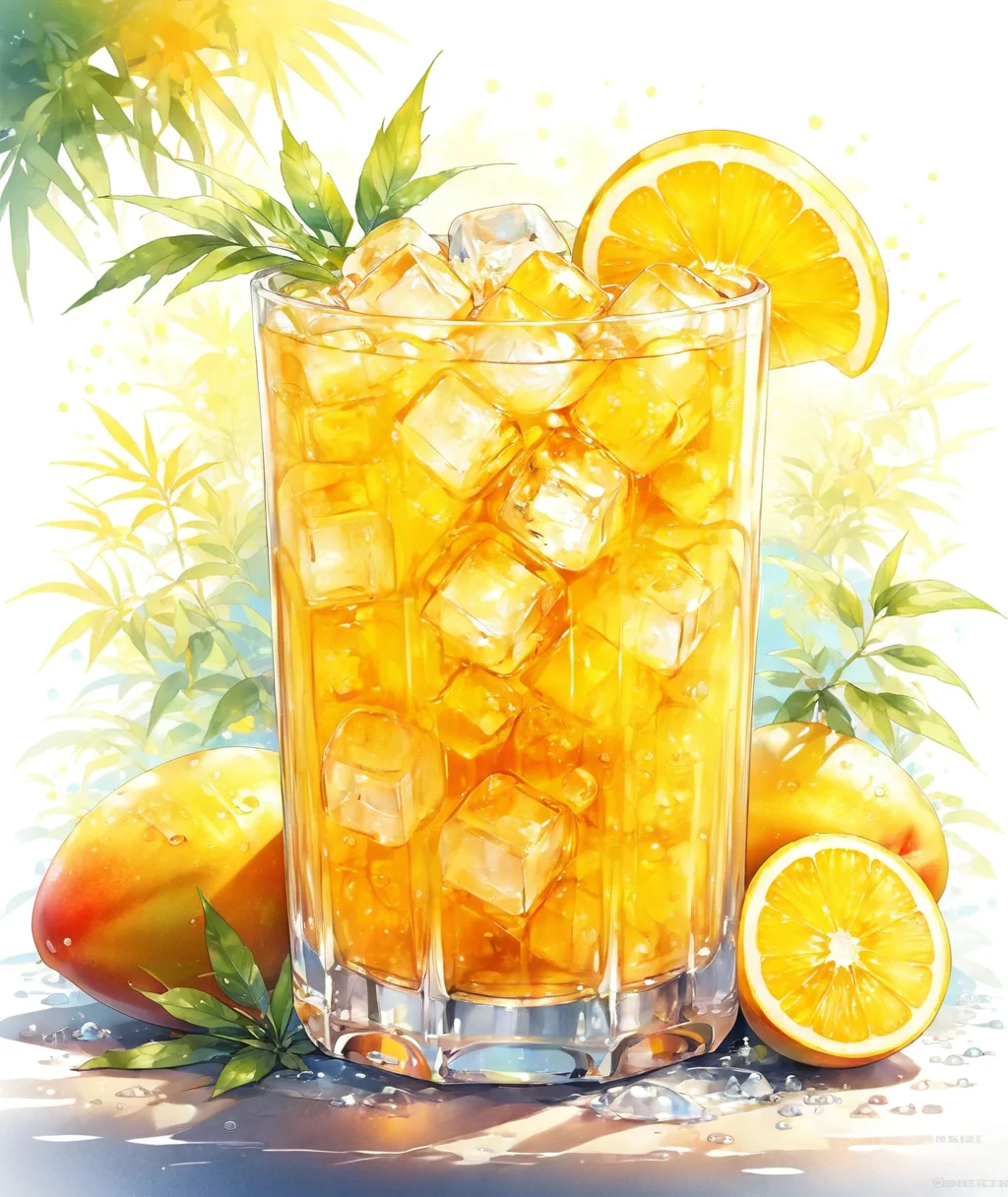 masterpiece,1cup,ice cube,Mango,drink,goldenrod bubble water,restaurant background,Summer_drinking_style,<lora:Summer_drinking_style-model:1>,