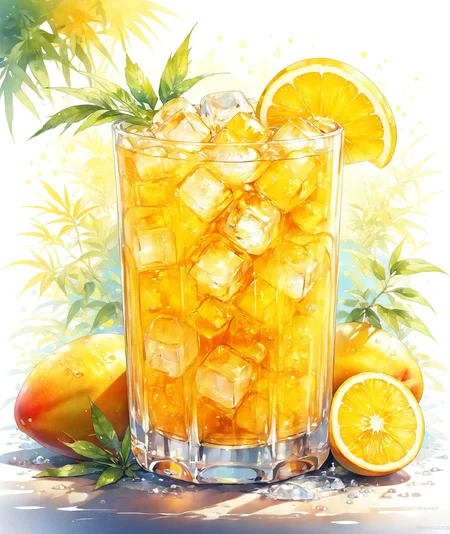 masterpiece,1cup,ice cube,Mango,drink,goldenrod bubble water,restaurant background,Summer_drinking_style,<lora:Summer_drinking_style-model:1>,