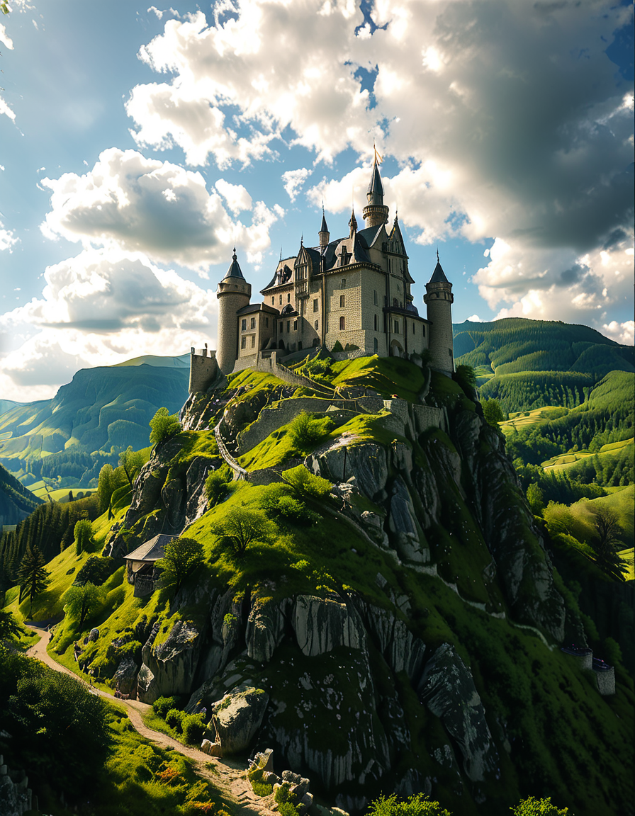 A realistic photograph of a grand medieval castle,medieval c4stl3, perched atop a rugged hill, surrounded by a scenic landscape. The castle is constructed from weathered gray stone, with tall, imposing towers, battlements, and a fortified wall encircling its perimeter. A large central keep rises above the other structures, its windows narrow and arched, evoking a sense of strength and history.
The hill is covered in patches of green grass and rocky outcrops, with a winding dirt path leading up to the castle gates. In the foreground, the surrounding countryside stretches out, dotted with small trees and wildflowers, while in the distance, rolling hills and a faint mist add depth and atmosphere to the scene. The sky above is partly cloudy, with rays of sunlight breaking through, casting dramatic shadows on the castle and hill.
The overall mood is majestic and timeless, capturing the grandeur and mystery of medieval architecture in harmony with its natural surroundings.<lora:SDXLFaeTastic2400:0.4> <lora:extremely_detailed:0.4> extremely detailed, <lora:medieval_c4stl3:1>, Masterpiece,best quality,hi res,8k,hi res,8k,award winning,(sharp focus, intricate, highly detailed),