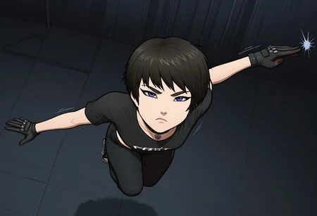masterpiece,best quality,amazing quality,newest, absurdres, highres, (detailed eyes:1.5), beautiful, (perfect eyes:1.5), finely detailed face,
BREAK
1girl,solo, KimmyDKov, short hair, black hair,
small breasts,
kimmyshirt, crop top, black denim, pant, choker,black gloves,
pouting,looking at viewer,jumping, throwing her body on the side, empty hands,dynamic pose, motion lines,
BREAK
detailed background, dark warehouse,
BREAK
from above, side view,