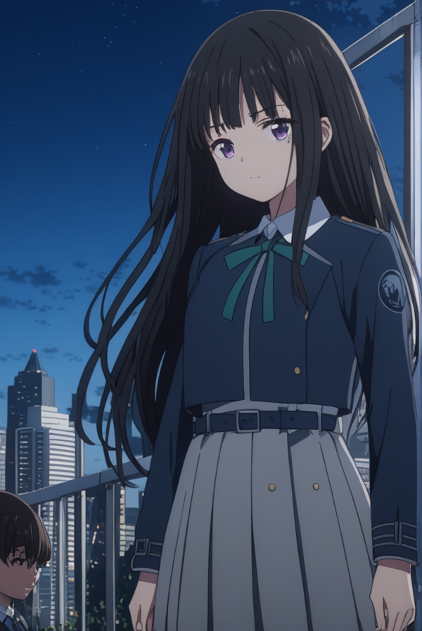 masterpiece, best quality, highres, 4k, 8k, intricate detail, cinematic lighting, amazing quality, amazing shading, soft lighting, Detailed Illustration, anime style,
takinainoue, <lora:takina-inoue-s1-sdxl-lora-nochekaiser:0.75>,
inoue takina, long hair, bangs, black hair, purple eyes,
shirt, long sleeves, dress, ribbon, school uniform, white shirt, collared shirt, belt, neck ribbon, blue dress, green ribbon, pleated dress, grey dress, two-tone dress, blue belt, lycoris uniform,
outdoors, cityscape, crowd, people, sky,
looking at viewer, full body,