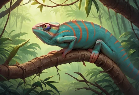 score_9, score_8_up, score_7_up, source_anime, Chameleon, lizard, back spikes, feral, scales, on branch, jungle, night, rainforest, <lora:ChamChameleonPonyXL:1.0>