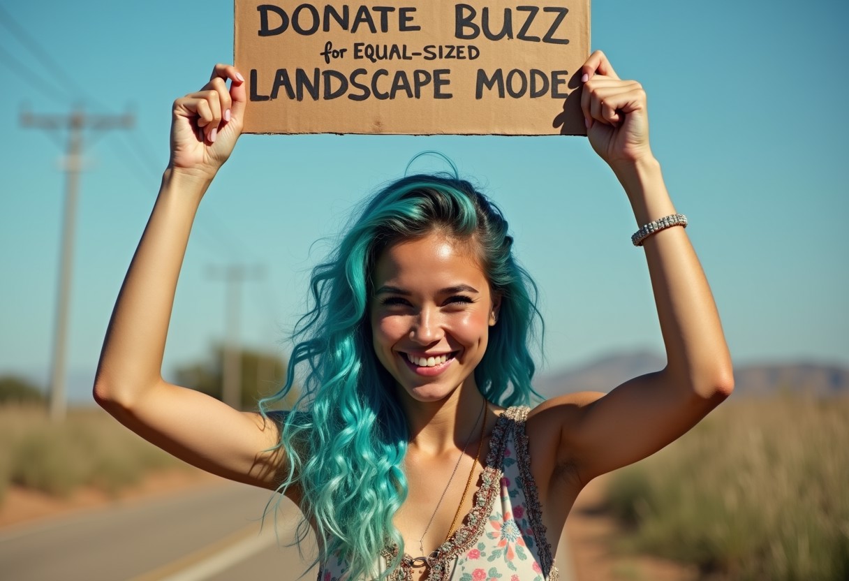 a crunchy-looking-hippy-chic young woman with blue hair and an amazing figure holding a sign over her head that reads; "DONATE BUZZ FOR EQUAL-SIZED LANDSCAPE MODE"