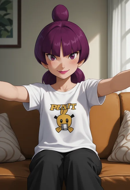 score_9, score_8_up,score_7_up, source_anime, 1girl, solo, <lora:Jptr_pdxl_EliPot:1>, gingadanjupiter, purple hair, purple eyes, medium hair,
 pink lips, print t-shirt, baggy pants, outstretched arms, blush smiling, sitting on couch, in living room, looking at viewer, pov, incoming hug,