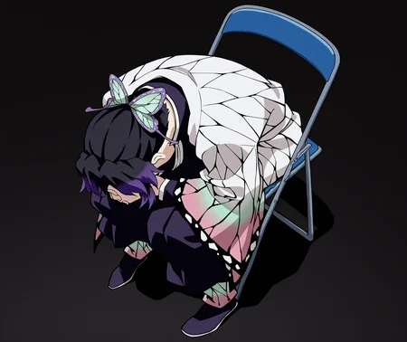 highres, hi res, best quality, masterpiece, 2d, intricate details, 4k, anime coloring, uncensored, shaded, shadow, countershading,
1girl, solo, female, eyelashes, black hair, butterfly hair ornament, gradient hair, hair ornament, multicolored hair, purple eyes, purple hair, short hair, two-tone hair, kochou shinobu, kimetsu no yaiba,
sitting, full body, from above, chair, parody, meme, own hands clasped, head down, folding chair,
depth of field, black background, <lora:Shinji_in_a_Chair_meme_ILXL:1>, shinji in a chair \(meme\),