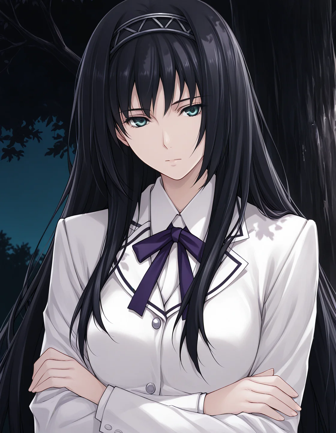 1girl, solo, tsukishima orihime, black hair, long hair, hairband, aqua eyes, expressionless, medium breasts, school uniform, white blazer, purple ribbon, neck ribbon, looking at viewer, crossed arms, portrait, tree, tree shade, outdoors, night, dark theme, low light <lora:tsukishima_orihime_ilxl_v1:0.8>