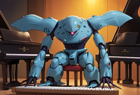 score_9, score_8_up, score_7_up, source_anime, front view, BREAK, ( hygogg, blue_hygogg_armor, pink monoeye, from side, looking at viewer, long arms, very long arms, long claws) 1mech, blue mech, wide mech, large shoulders, large shoulder armor, mech focus, solo, BREAK, two arms, grand piano, sitting, playing piano,