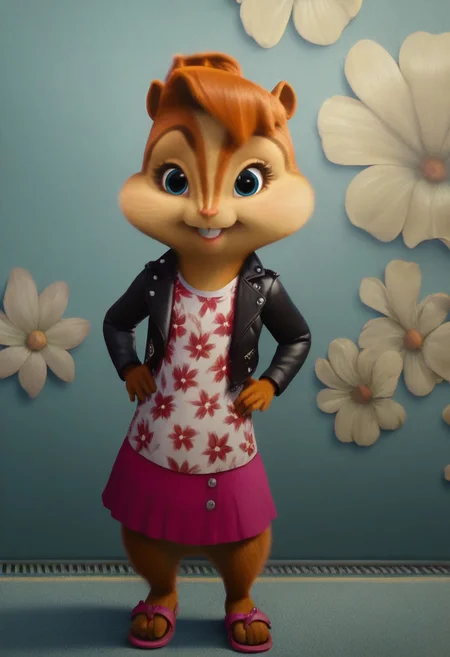 score_9, score_8_up, score_7, score_6, detailed background, indoors , lounge, windows, painted walls, brittany miller, chipmunk, furry, short ears, white floral shirt, black leather jacket, floral mini skirt, sandals, standing, hands on hips, looking at viewer, front view, cute smile, 6 inches tall