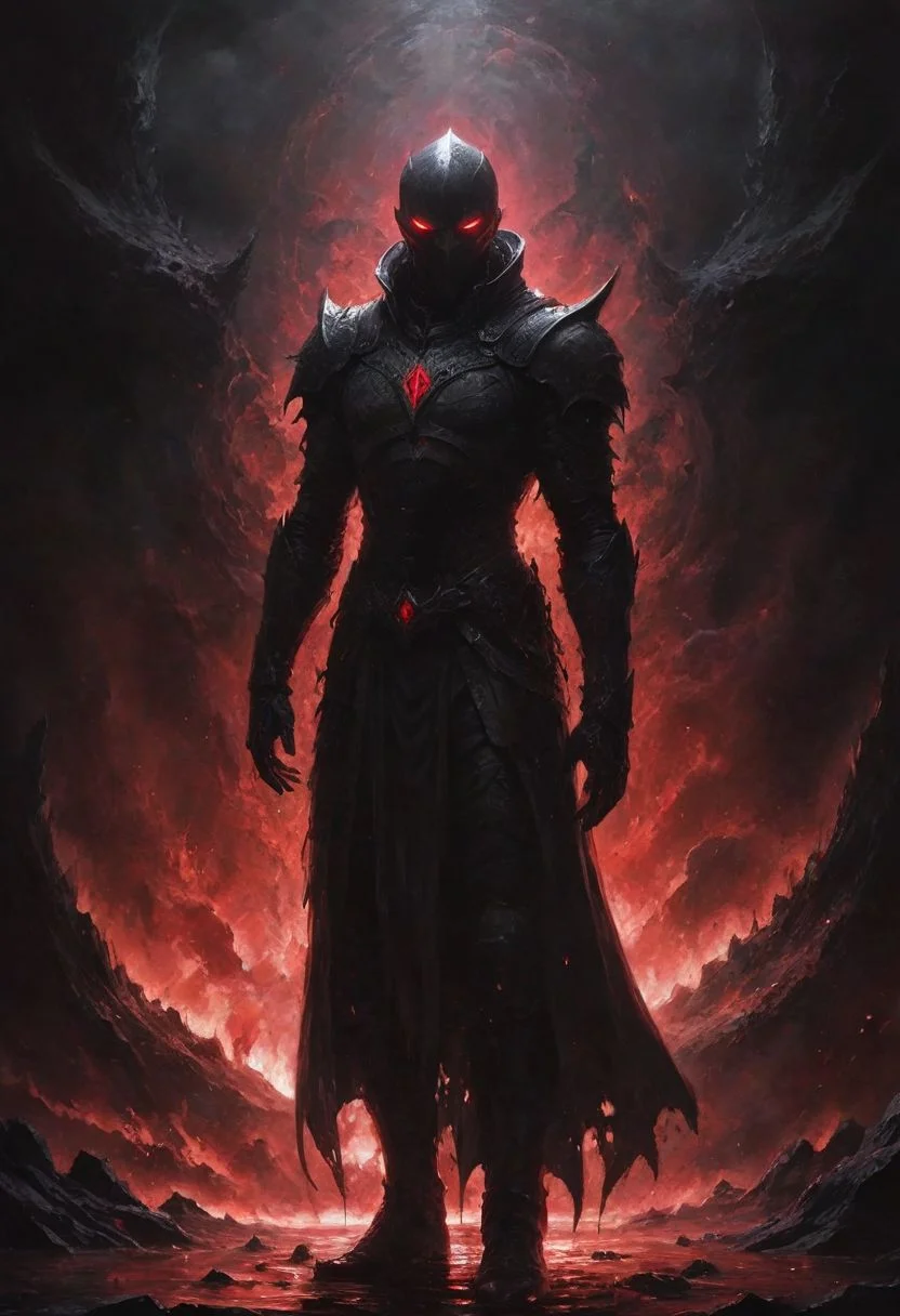 deep endless black, a man standing alone in the void, Eldritch, a knight in armor of the deepest black, tidal waves of crimson, desolation, a mask that hides his essence, evil villain, (high contrast, deep shadows, glowing red accents)