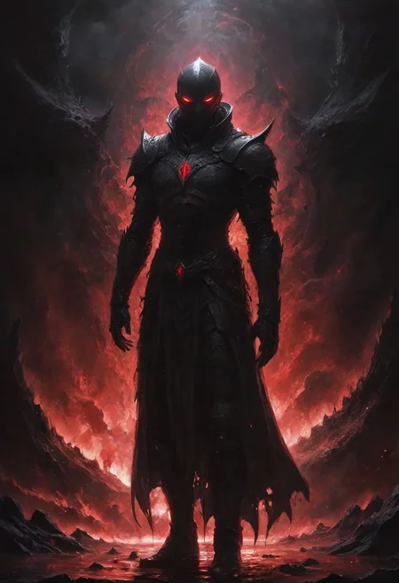 deep endless black, a man standing alone in the void, Eldritch, a knight in armor of the deepest black, tidal waves of crimson, desolation, a mask that hides his essence, evil villain, (high contrast, deep shadows, glowing red accents)