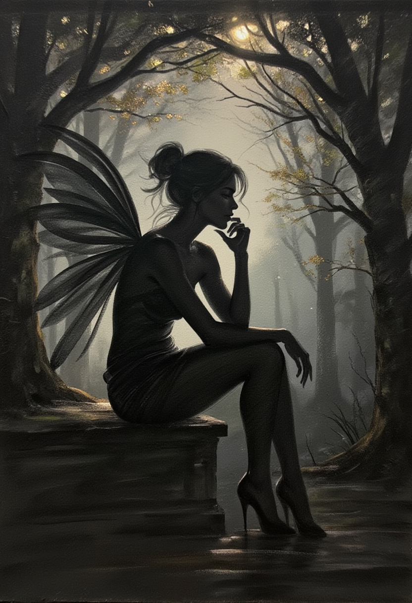 The theme of the painting is reflected light and leaves. It is beautiful, artistic and shows the silhouette of a seated melancholic fairy, her chin resting on one hand. The lighting of the painting is black and creates a surreal and harmonious atmosphere. The style of the painting is reminiscent of the work of Paul Delvaux, a well-known Belgian surrealist painter. Overall, the picture is an illustration that shows the beauty of nature and its reflections with a touch of surrealism. ,<lora:flux/ImpressionismFlux.safetensors:0.5:1.0> <lora:flux/pencilbox.safetensors:0.8:1.0> <lora:flux/we-neon.safetensors:0.5:1.0>