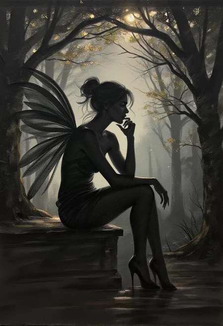 The theme of the painting is reflected light and leaves. It is beautiful, artistic and shows the silhouette of a seated melancholic fairy, her chin resting on one hand. The lighting of the painting is black and creates a surreal and harmonious atmosphere. The style of the painting is reminiscent of the work of Paul Delvaux, a well-known Belgian surrealist painter. Overall, the picture is an illustration that shows the beauty of nature and its reflections with a touch of surrealism. ,<lora:flux/ImpressionismFlux.safetensors:0.5:1.0> <lora:flux/pencilbox.safetensors:0.8:1.0> <lora:flux/we-neon.safetensors:0.5:1.0>