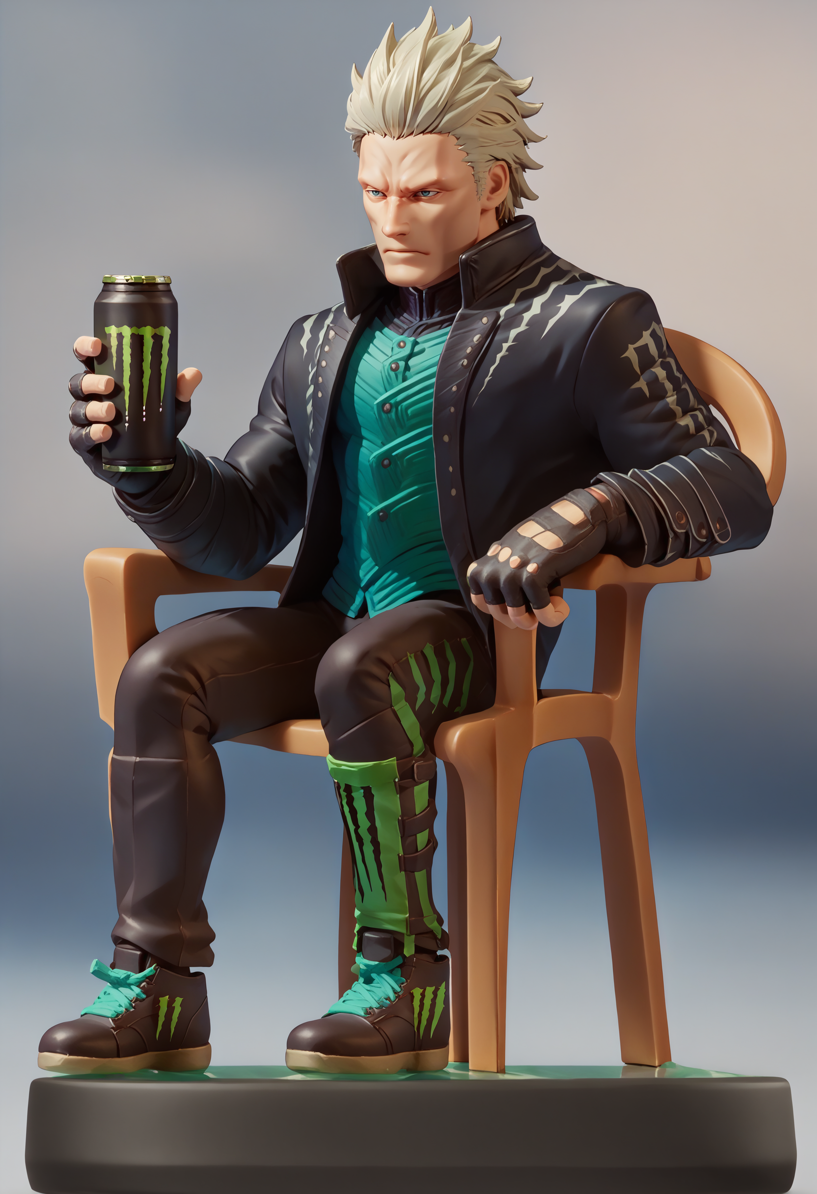 score_9, score_8_up, score_7_up, amiibo, figure, solo, full body, <lora:Amiibo_pdxl_Incrs_v1:1>, <lora:dmc5_vergil_ponyXL:1> dmc5vergil, black coat, fingerless gloves, pants, <lora:PlasticChair_XLPD:1> plastic chair, sitting, leaning, monster energy, holding,