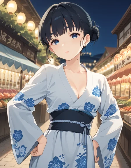 score_9, score_8_up, score_7_up, source_anime,
1girl, solo, looking at viewer, blurry background, night, market, dutch angle,
<lora:tiara_basori_anime_v2-soralz:1>, tiara basori, black hair, short hair, hair bun, (thick eyebrows:0.6), blue eyes, jewel hair ornament, mole on neck
print kimono, hands,print dress, collarbone, breasts, waist, long sleeves, hands on hand on own hip,
