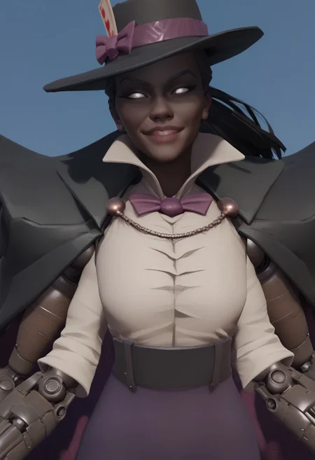 score_9, score_8_up, score_7_up, best quality,
1girl, wraith, white eyes, sexy, four arms, 2 mechanical arms, 2 normal arms, dark skin, cape, bow, shirt, bowtie, playing card in hat, looking at viewer, close-up, cowboy shot, grey pupils, evil smile,