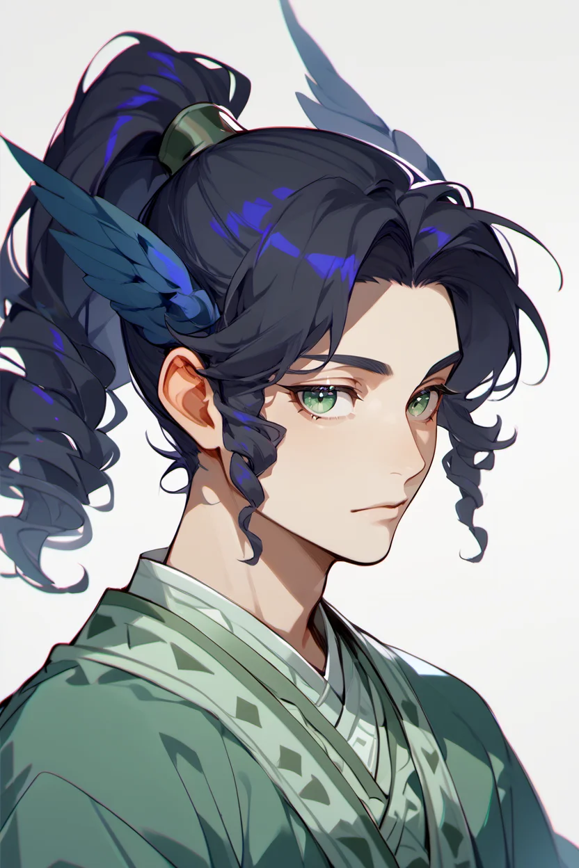score_9, score_8_up, score_7_up, 1boy, solo, upper body
<lora:HeadWingsPony:1> feathered head wings, blue head wings
<lora:MaiLanPony:0.8> meilan, green hanfu, ponytail, black hair, green eyes