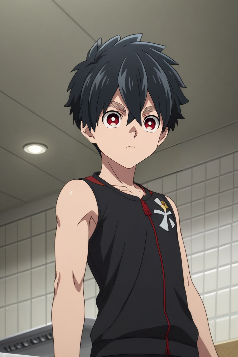 score_9, score_8_up, score_7_up, source_anime, rating_safe, , anime screencap, anime coloring, official style, , depth of field, 1boy, solo, male focus, <lora:kabane_kusaka_pony:0.98>, kabane_kusaka, black hair, red eyes, short hair, hair between eyes, from below, kitchen, indoors, (dynamic pose:1.2), skin fang, , <lora:sdxl_lightning_8step_lora:1>
