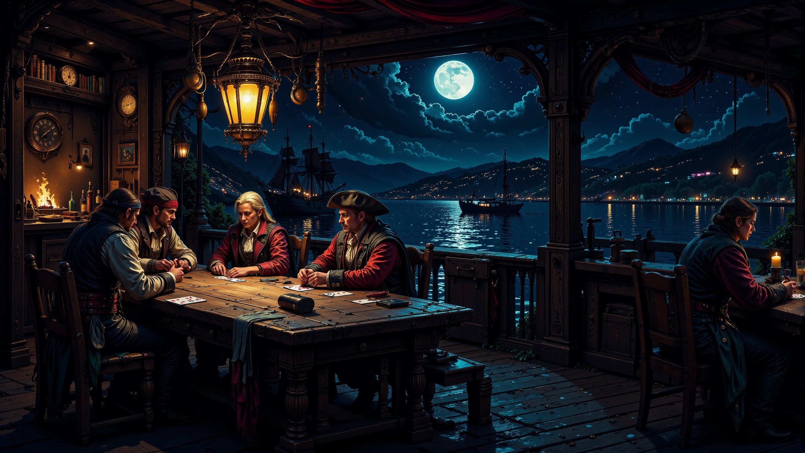 some old pirate gamblers playing a game of cards in the port tavern beautiful  landscape, bright luminous starry night, woman, very intricate, very detailed, sharp, bright, colorful, <lora:Hand v2:0.5> <lora:Anti-Blur:1><lora:Insane Detail Slider:0.25>  <lora:flux.1_lora_flyway_Epic-detail_v2:0.3> <lora:fluxenhancer:0.25> <lora:ck-Neon-Retrowave:0.4> ck-rw, in the style of ck-rw,  <lora:Neurocore Anime Cyberpunk:0.8> A digital artwork in the style of cknc