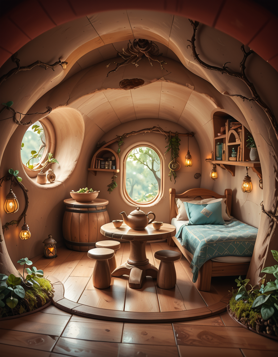 score_9, score_8_up, score_7_up,amazing quality, ultra realistic, 3D, HD, best quality, amazing quality, very aesthetic, absurdres
A highly detailed, realistic photograph of a tiny gnome house nestled at the base of an ancient oak tree, taken in soft morning light with a gentle mist hanging in the air. The house is crafted from natural materials: smooth stones form the lower walls, and curved wooden planks create a round, thatched roof with patches of moss and small wildflowers growing on top. Tiny circular windows with stained glass panels glow faintly from within, casting warm amber and green hues. A miniature wooden door with intricate carvings sits slightly ajar, surrounded by tiny lanterns that hang from delicate hooks, each softly glowing. Around the house, the forest floor is covered in dew-kissed clover, mushrooms of varying sizes and colors, and winding little cobblestone paths. In the background, tall ferns and oversized leaves tower, giving the scene an enchanted, hidden feel. Subtle rays of sunlight break through the canopy above, highlighting fine details with a dreamy, ethereal atmosphere. Hyper-realistic style, high-resolution, rich earthy tones, with an overall cozy and magical woodland vibe. No creatures or people, only nature and the charming architecture of the gnome's home.
<lora:SDXLFaeTastic2400:0.4> <lora:extremely_detailed:0.4> extremely detailed,tiny gnome h0us3 <lora:tiny_gnome_h0us3-p:1>