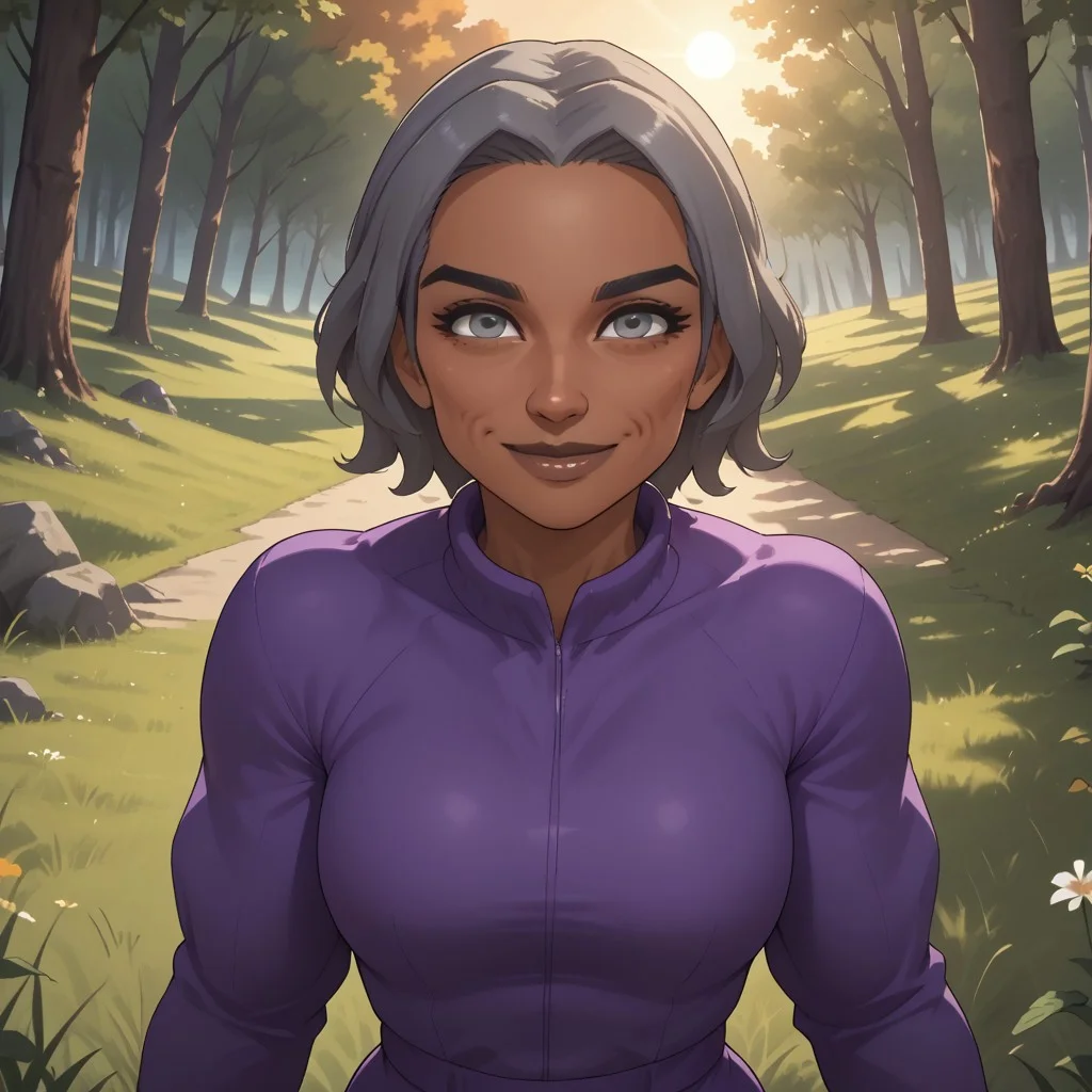 score_9, score_8, BREAK, solo, wii, mii, wii sports, 1girl, female mii, grey hair, old woman, black eyebrows, grey eyes, brown lips, lipstick, purple clothing, white pants, shoes, breasts, nintendo mii, modern_mii, classic_mii, Anna_(Wii_Sports), dark skin, dark skin female, sexy pose, self portrait, smile, outdoors, sunlight, shadows, evening lighting, natural lighting, forest, trees, grass, orange sky, sunset