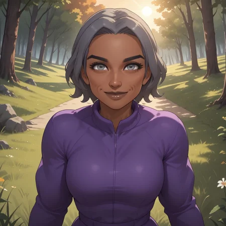 score_9, score_8, BREAK, solo, wii, mii, wii sports, 1girl, female mii, grey hair, old woman, black eyebrows, grey eyes, brown lips, lipstick, purple clothing, white pants, shoes, breasts, nintendo mii, modern_mii, classic_mii, Anna_(Wii_Sports), dark skin, dark skin female, sexy pose, self portrait, smile, outdoors, sunlight, shadows, evening lighting, natural lighting, forest, trees, grass, orange sky, sunset