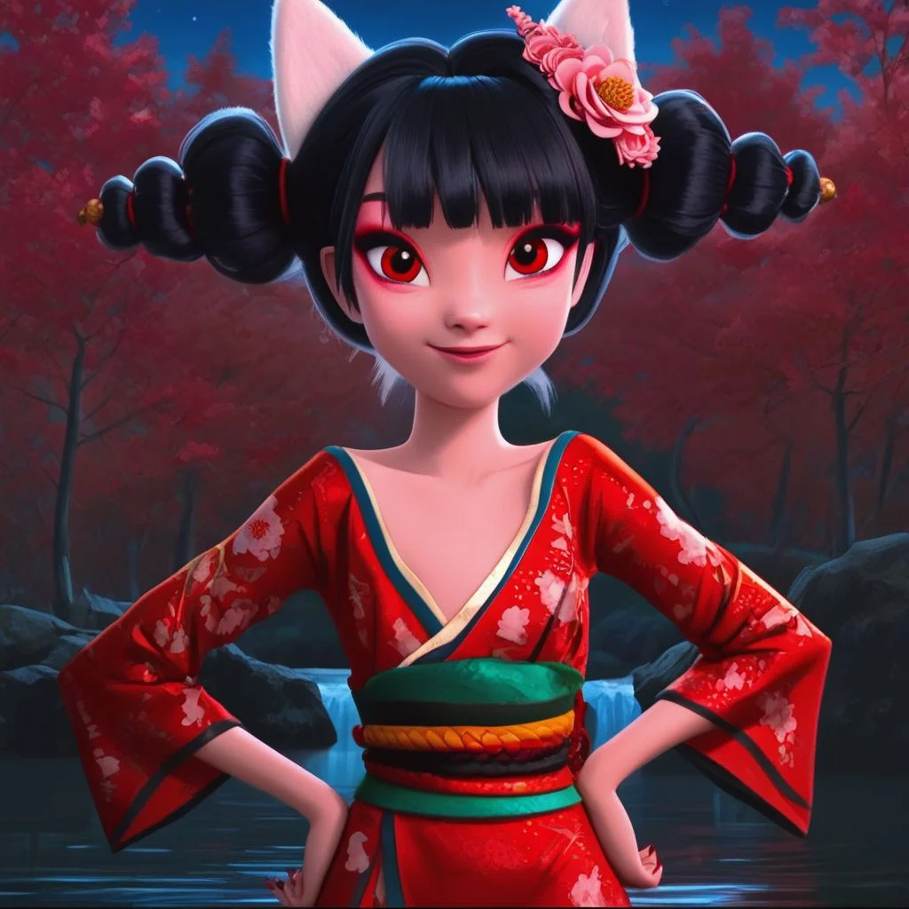 fox-demon, solo, alone, cute face, black hair, red eyes, pigtails, hair ornament, red kimono, standing, looking the viewer, high quality, on lake, on night, mrls, hands on hips,