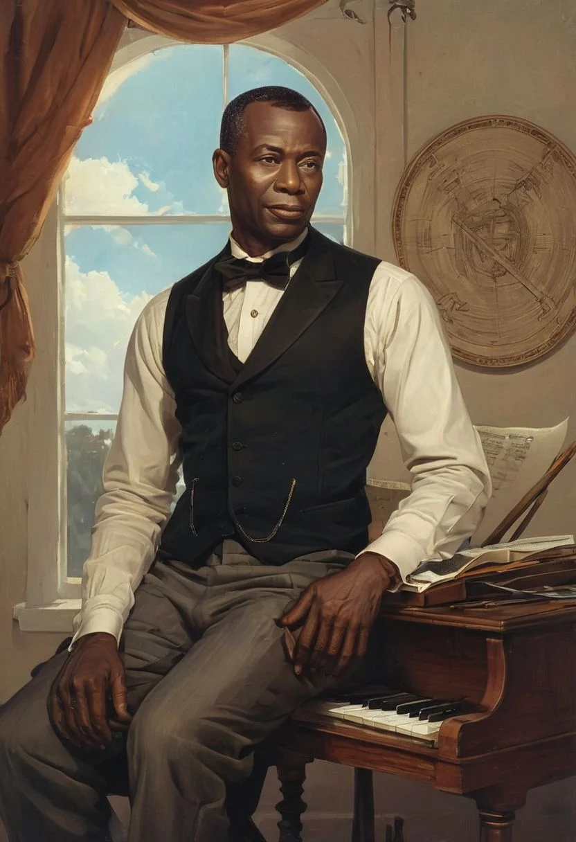 Black composer and writer Scott Joplin plays ragtime at the Catton Club. Premium illustration in Norman Rockwell style