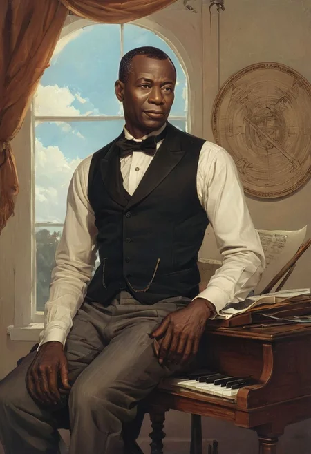 Black composer and writer Scott Joplin plays ragtime at the Catton Club. Premium illustration in Norman Rockwell style