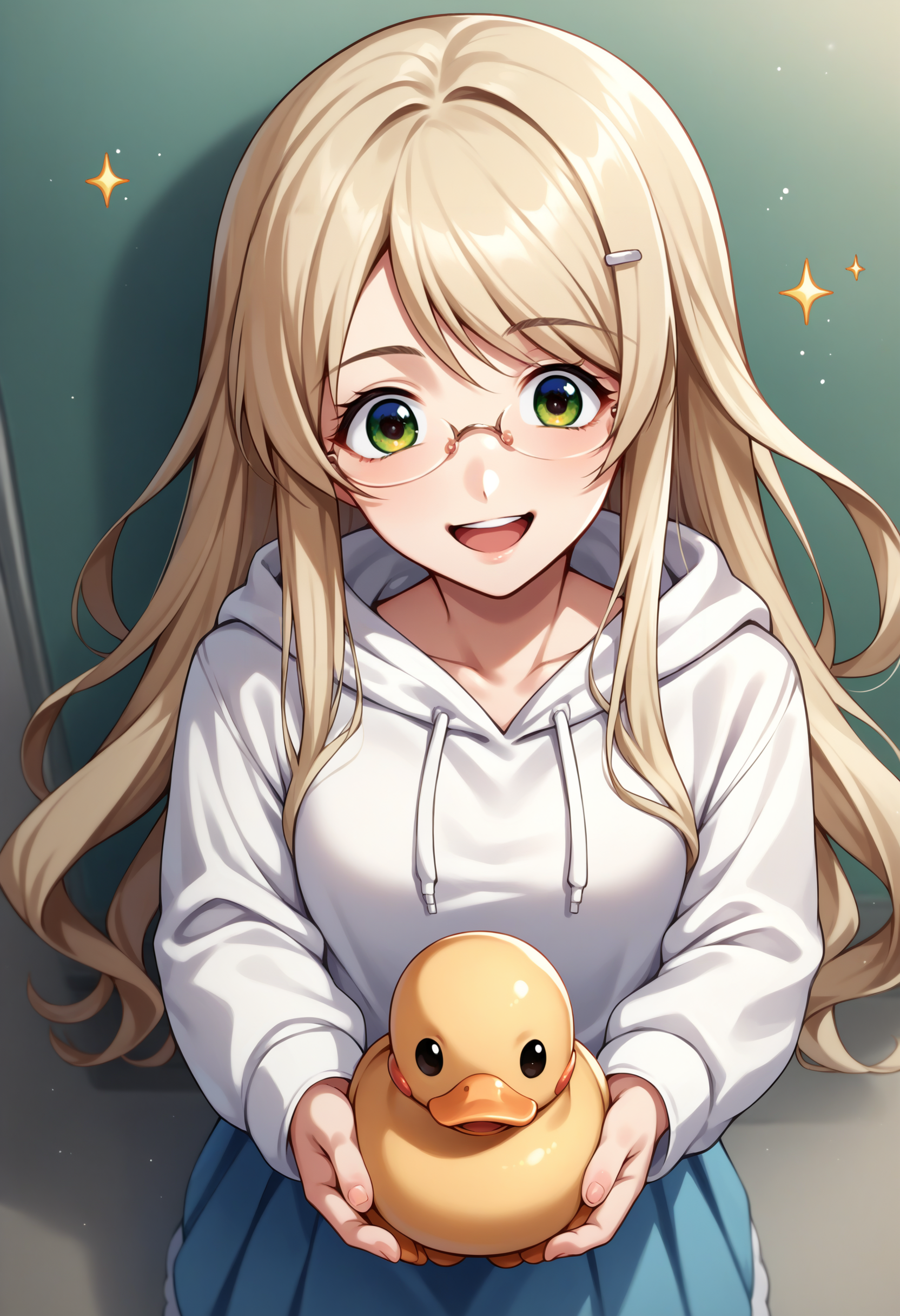 score_9, score_8_up, source_anime, 1girl, solo, KusunokiYua, long hair, glasses, hairclip, white hoodie, from above, excited, sparkles, smile, open mouth, duck, holding animal, <lora:ChamYuaKusunokiPonyXL:1>