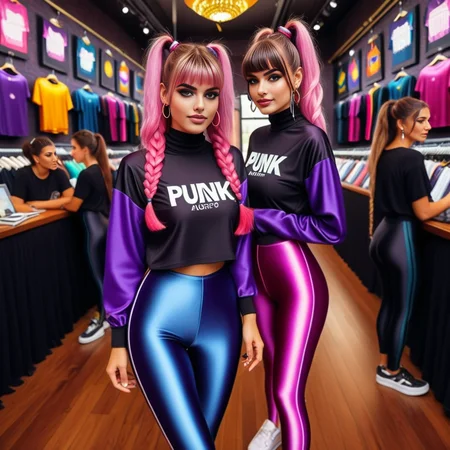 appliqu style, layered fabric, colorful, patterned, textured elegant digital painting, the image portrays a striking digital art piece. at the center of the composition, one south american women, the image captures a vibrant and festive atmosphere with a 24 year old adult woman at its center. she is dressed in an eye catching ((satin)) dark top paired with shiny pink and purple and punk spandex_leggings, beautiful long pigtails hair <lora:add-detail-xl:2>
<lora:spandex_leggings_v1:1.2>