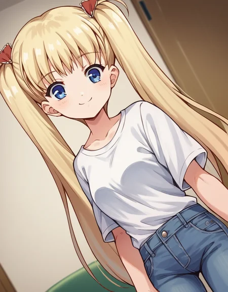 score_9, score_8_up, score_7_up, source_anime, <lora:airi-akizuki-ponyxl-lora-nochekaiser:1>, airi akizuki, long hair, blue eyes, blonde hair, twintails,, shirt, white shirt, pants, denim,, indoors, smile, looking at viewer, solo,, cowboy shot, dutch angle