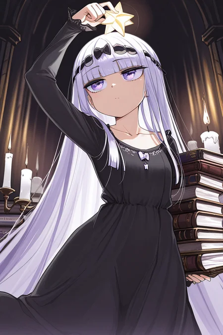 masterpiece, best quality, amazing quality,
<lora:Syalis_IL:1> syalis, 1girl, long hair, purple eyes, solo, book, bangs, black dress, book stack, candle, blunt bangs, very long hair, long sleeves, star in eye, collarbone, holding, closed mouth, arm up
