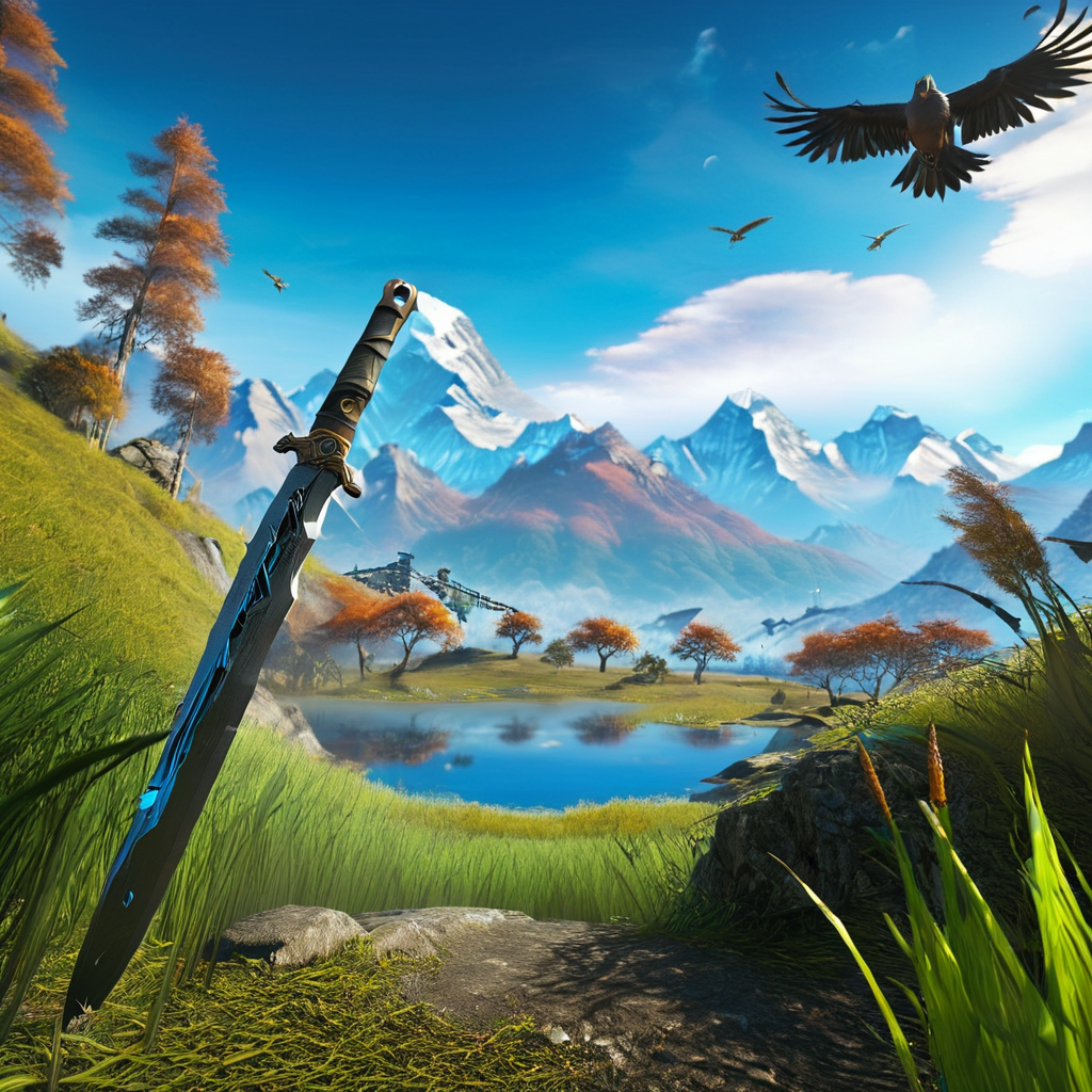masterpiece,8k,absurd resolution, <lora:farcry_xl:0.81>,
farcry,, scenery, outdoors, sky, mountain, no humans, day, cloud, tree, bird, grass, landscape, weapon, sword, blue sky, nature
,reflection, cg rendering, volumetric light,  bioluminescence, unreal engine 5, magic of light,dinamic light,realistic shadows