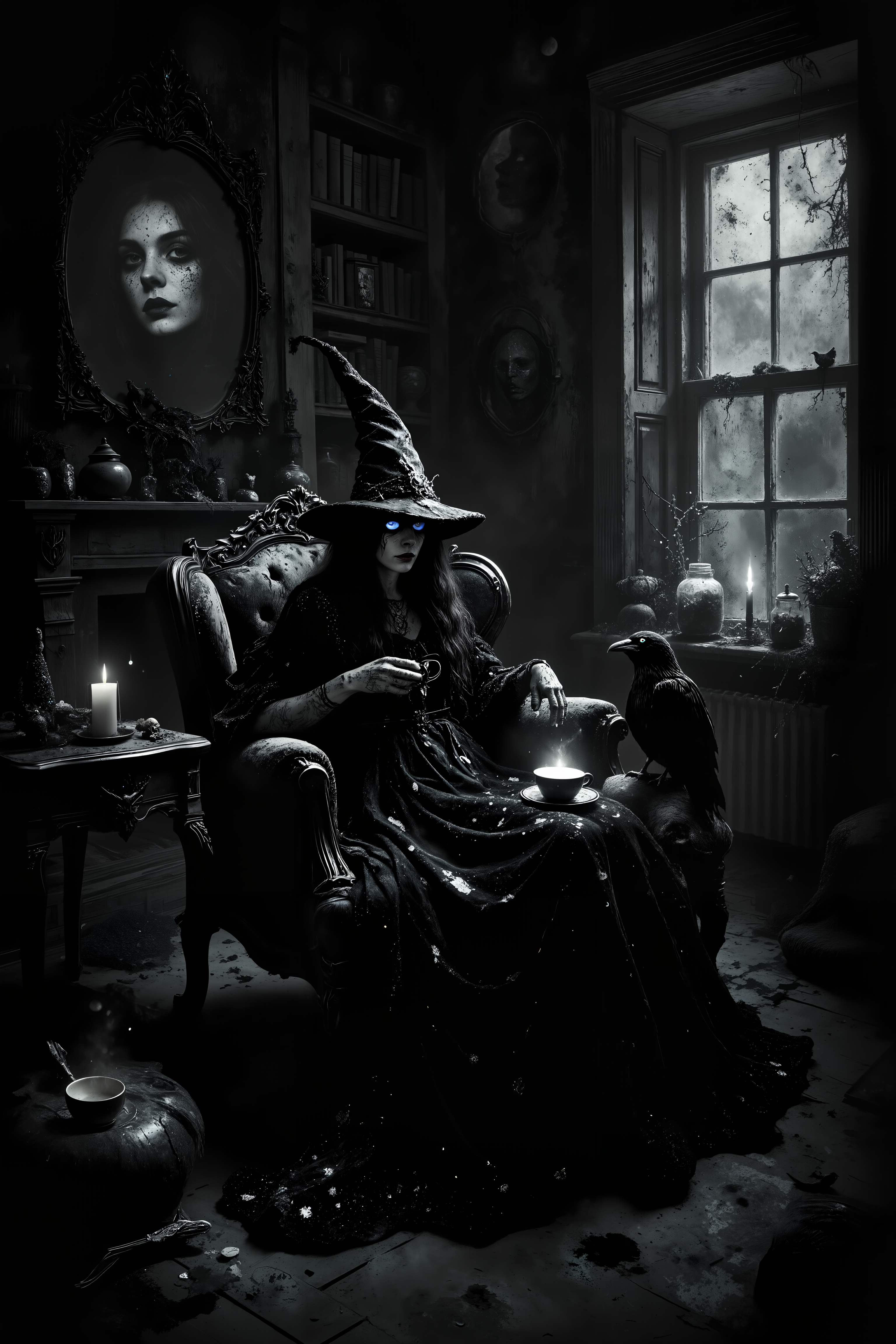 In a shadowy, cobweb-filled attic, a tall, elegant witch with deep ebony skin and silver tattoos lounges on an antique velvet chaise, sipping from a teacup made of bone. Her long, flowing black dress is adorned with glittering stars and crescent moons, and her pointed hat is tilted stylishly to one side. Surrounding her, shelves are filled with dusty spellbooks, strange trinkets, and jars of preserved creatures, all casting eerie shadows in the dim candlelight. A large, ornate mirror behind her reflects a ghostly image, as if something unseen is watching from another world. Perched on her lap, a sleek raven with intelligent, glowing blue eyes preens its feathers while keeping a watchful eye on the room. The window behind her shows a view of the full moon, its light casting soft beams through the dusty glass. The scene is a blend of gothic elegance and dark magic, with a sense of timeless mystery surrounding the witchâs secretive world.<lora:Dever_Flux_Enhancer:0.5><lora:Witchcore>