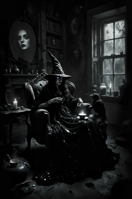 In a shadowy, cobweb-filled attic, a tall, elegant witch with deep ebony skin and silver tattoos lounges on an antique velvet chaise, sipping from a teacup made of bone. Her long, flowing black dress is adorned with glittering stars and crescent moons, and her pointed hat is tilted stylishly to one side. Surrounding her, shelves are filled with dusty spellbooks, strange trinkets, and jars of preserved creatures, all casting eerie shadows in the dim candlelight. A large, ornate mirror behind her reflects a ghostly image, as if something unseen is watching from another world. Perched on her lap, a sleek raven with intelligent, glowing blue eyes preens its feathers while keeping a watchful eye on the room. The window behind her shows a view of the full moon, its light casting soft beams through the dusty glass. The scene is a blend of gothic elegance and dark magic, with a sense of timeless mystery surrounding the witchâs secretive world.<lora:Dever_Flux_Enhancer:0.5><lora:Witchcore>