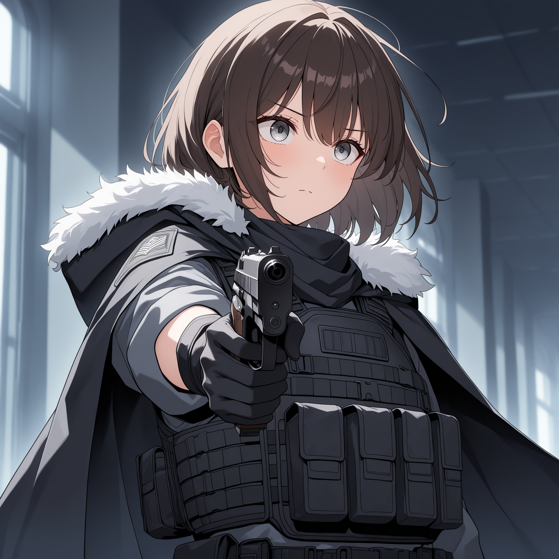 masterpiece, best quality, amazing quality, very aesthetic, high resolution, ultra-detailed, absurdres, newest, official wallpaper, 1girl, short hair, brown hair, grey eyes, looking afar, <lora:TactFit [NOOBAI]:0.8> tactfit, black bulletproof vest, black hooded cloak, hood down, fur trim, handgun, BREAK, foreshortening, extremely detailed clothes, detailed eyes, detailed skin, detailed hair, masterpiece, best quality, amazing quality, very aesthetic, high resolution, ultra-detailed, absurdres, newest, volumetric lighting, official wallpaper