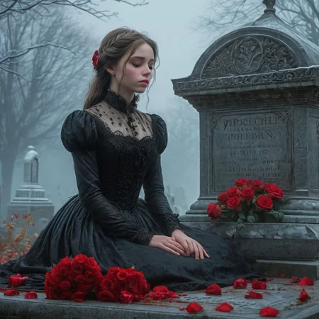 epiCRealism, masterpiece, highly detailed, one girl, pale and delicate, mourning in front of a tomb in a frozen winter morning, mist still clings to the ground while a timid Sun rises on the horizon, a bright red bouquet of roses lays on the tombstone, she wears a highly detailed black laced Victorian dress and sits on the earth in front of the tomb, the skirt spreads around her, view from the side, a small tear drops through her cheek,