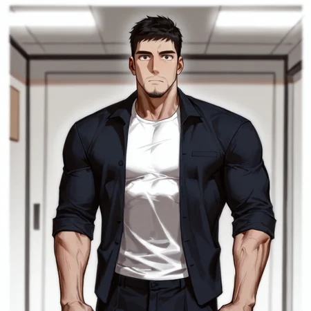 <lora:Lee_Hyunsung__Omniscent_Reader-000006:.7> hyunsunglee, 1boy, short hair, black hair, muscle body, t-shirt, blazer, pants
(very short hair, beard, bara, mature, facial hair, stubble, beard, full beard, sideburn, beard, a lot of beard, ), facial hair,male focus, muscular male, muscular male, bara, mature,  bara, mature, aixiwuganda_(20222192), very awa, masterpiece, best quality, absurdres, newest, perfect quality, detailed background, intricate details,
<lora:slider_Body Type_alpha1.0_rank4_noxattn_last:3><lora:style_Anime Summer Days 2 Style SDXL_LoRA_Pony Diffusion V6 XL:.6><lora:slider_cfg_scale_boost:.7><lora:face_Artist6p-10:.55>, Artist6p, Artist04p,<lora:slider_il_brightness_slider_d1:-1><lora:slider_il_contrast_slider_d1:-1><lora:slider_DarkSlider1.2_alpha1.0_rank16_full_300steps:-.6>